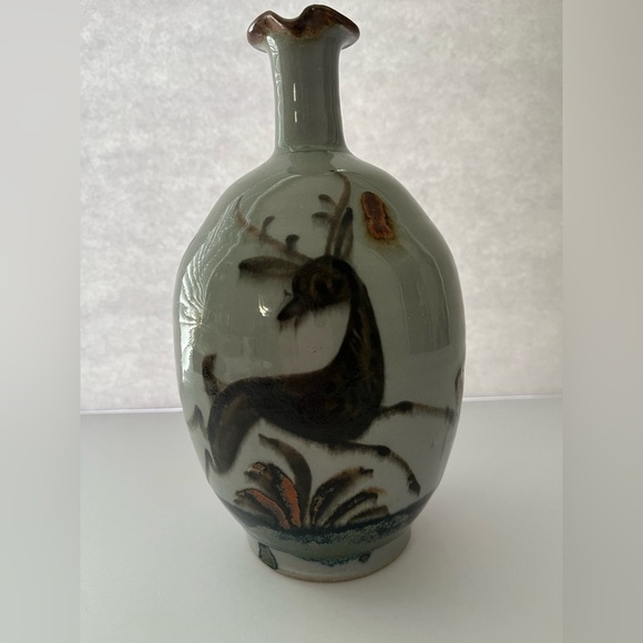 Ceramic Mexico Vase Pitcher Features Flower Butterfly Deer - Picture 2 of 6